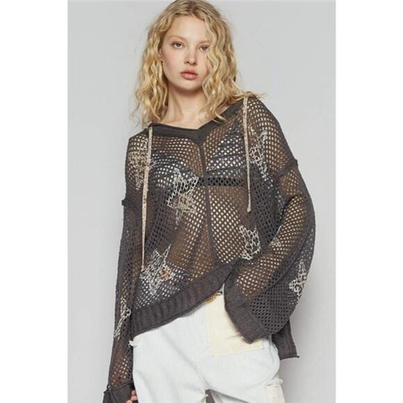 POL Star Openwork Long Sleeve Hooded Knit Cover Up - Picture 2 of 4